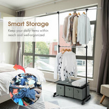 Load image into Gallery viewer, 2-Rod Adjustable Garment Rack with Shelf &amp; Storage Boxes
