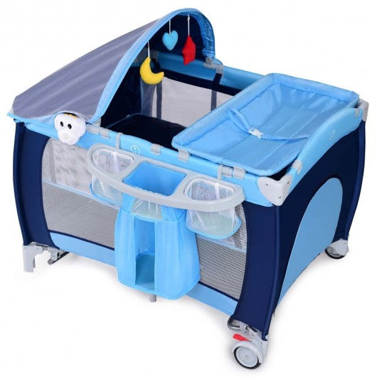 Foldable Baby Crib Playpen w/ Mosquito Net and Bag-Blue