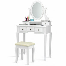 Load image into Gallery viewer, 5 Drawers Vanity Table Stool Set with 12-LED Bulbs-White
