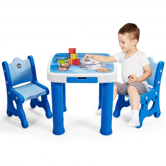 Adjustable Kids Activity Play Table and 2 Chairs Set withStorage Drawer-Blue