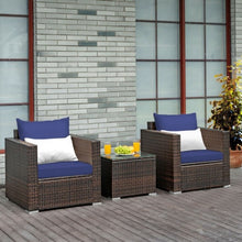 Load image into Gallery viewer, 3 Pcs Patio Conversation Rattan Furniture Set with Cushion-Blue
