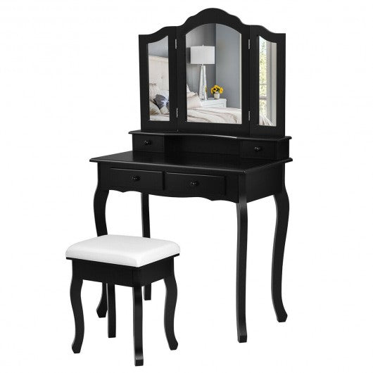 4 Drawers Mirrored Jewelry Wood Vanity Dressing Table w/ Stool-Black