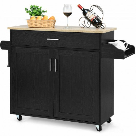 Rolling Kitchen Island Cart with Towel and Spice Rack-Black