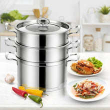 Load image into Gallery viewer, 3-Tier Steamer Pot 304 Stainless Steel Steaming Cookware with Glass Lid
