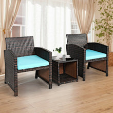 Load image into Gallery viewer, 3 Pieces PE Rattan Wicker Furniture Set with Cushion Sofa Coffee Table for Garden-Turquoise
