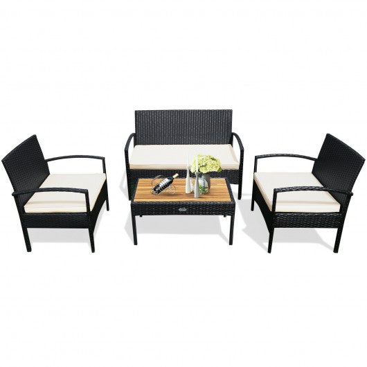 4 Pcs Patio Rattan Furniture Set Sofa Chair Coffee Table with Cushion-White