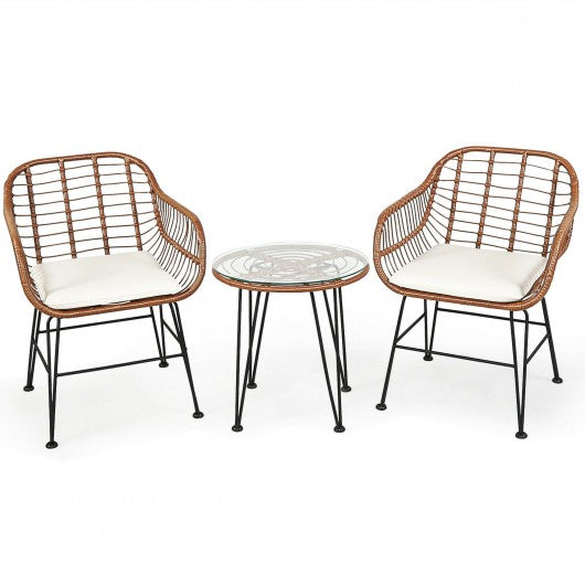 3 Pcs Patio Rattan Bistro Set with Cushion-White
