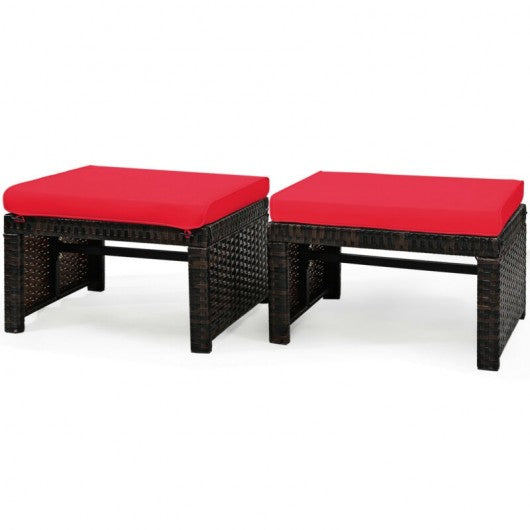 2 Pieces Cushioned Patio Rattan Ottoman Foot Rest-Red