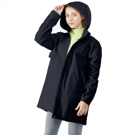 Hooded  Women's Wind & Waterproof Trench Rain Jacket-Navy-XXL