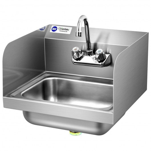 Stainless Steel Sink NSF Wall Mount Hand Washing Sink w/ Faucet and Side Splash