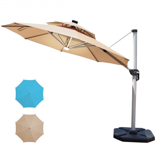 12ft 360? Rotation Aluminum Solar LED Patio Cantilever Umbrella-Beige