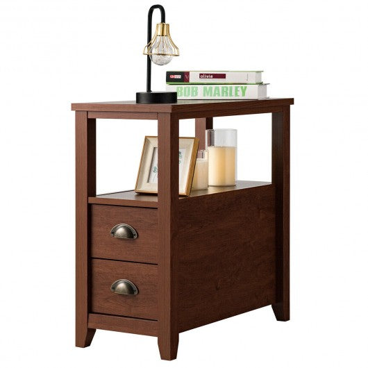 End Table Wooden with 2 Drawers and Shelf Bedside Table-Brown