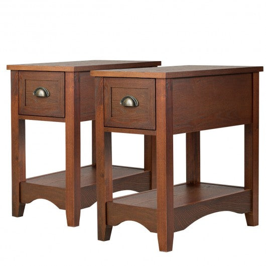 Set of 2 Contemporary Side End Table with Drawer -Walnut