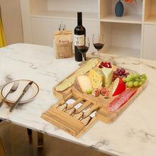 Load image into Gallery viewer, Bamboo Cheese Board &amp; Knife Set  w/ Slide-out Drawer
