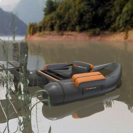 Inflatable Fishing Float Tube with Pump Storage Pockets and Fish Ruler-Gray