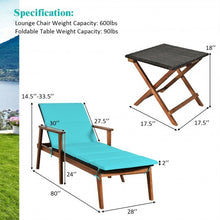 Load image into Gallery viewer, 3Pcs Protable Patio Cushioned Rattan Lounge Chair Set w/ Folding Table-Turquoise
