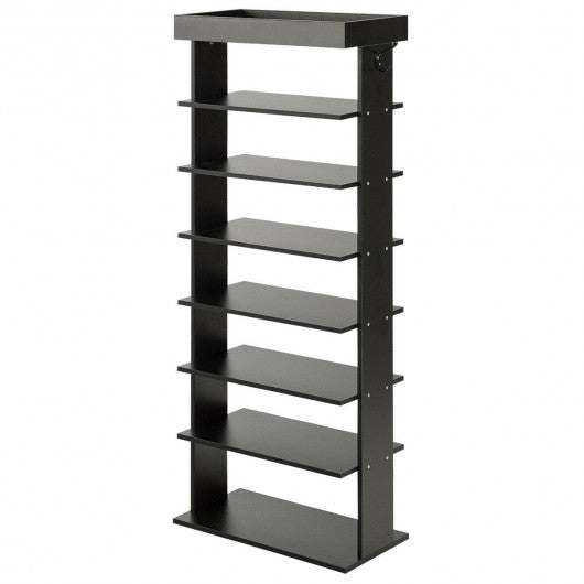 7-Tier Vertical Design Wooden Shoe Storage Shelf with Hooks-Black