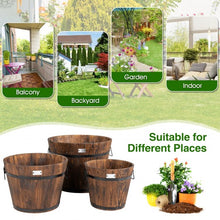 Load image into Gallery viewer, 3 Pieces Wooden Planter Barrel Set with Multiple Size for Decorative Flower Bed
