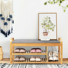 Load image into Gallery viewer, 3-Tier Bamboo Shoe Rack Bench with Cushion-Natural
