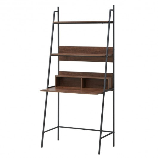 Wall Bookshelf Ladder Computer Desk w/ Shelf & Metal Frame