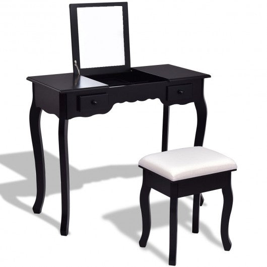 Mirrored Bathroom Dressing Vanity Table Set w/ Stool-Black