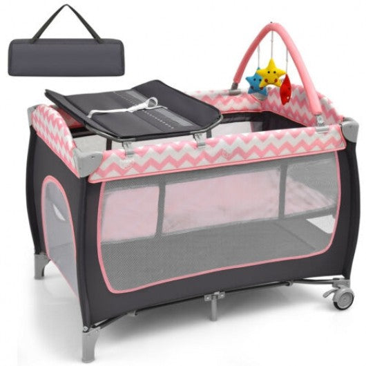 3 in 1 Portable Baby Playard with Zippered Door and Toy Bar-Pink