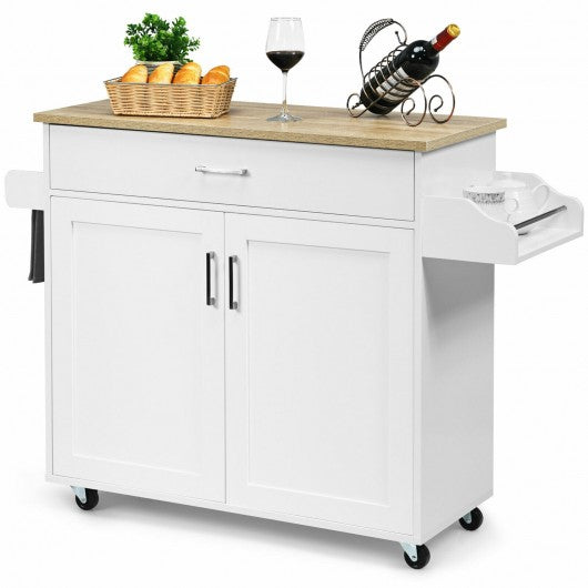 Rolling Kitchen Island Cart with Towel and Spice Rack-White