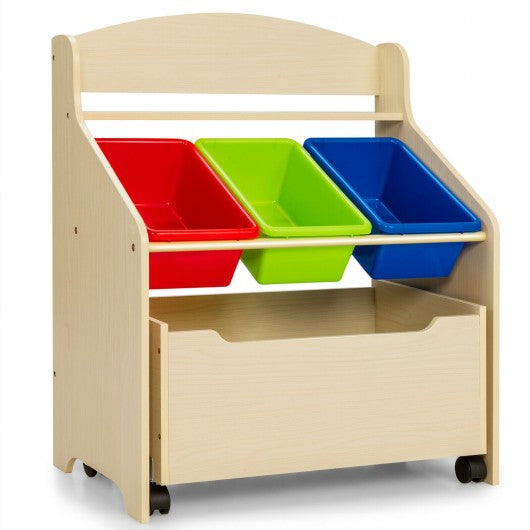 Kids Wooden Toy Storage Unit Organizer w/ Rolling Toy Box & Plastic Bins-Natural