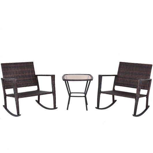 3-Pc Rattan Rocking Chair and Coffee Table Furniture Set-Brown