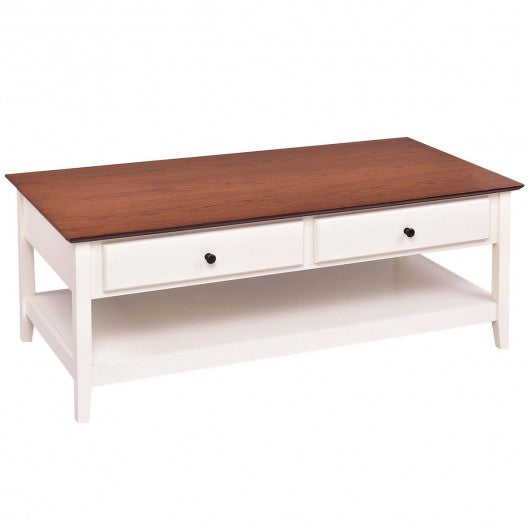 Rectangle Wood Coffee Table with Drawer & Storage Shelf