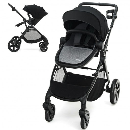 Foldable High Landscape Baby Stroller with Reversible Reclining Seat-Black