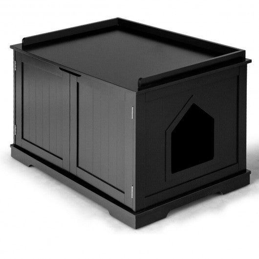 Cat Litter Box Wooden Enclosure Pet House Sidetable Washroom-Black