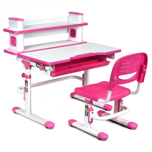 Adjustable Kids Desk and Chair Set with Bookshelf and Tilted Desktop-Pink