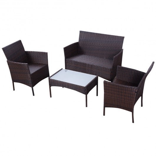 4 pcs Outdoor Patio Rattan Wicker Cushioned Sofa Table-Dark Brown