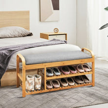 Load image into Gallery viewer, 3-Tier Bamboo Shoe Rack Bench with Cushion-Natural
