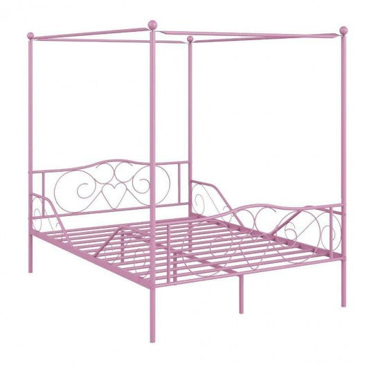 Full Size Metal Canopy Bed Frame 4 Poster Steel Slats Headboard Footboard-Pink