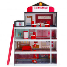 Load image into Gallery viewer, Wooden Fire Station Dollhouse Playset with Truck and Helicopter
