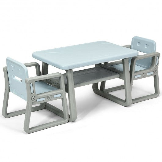 Kids Table and 2 Chairs Set with Storage Shelf-Blue
