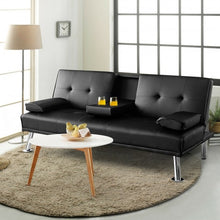 Load image into Gallery viewer, Convertible Folding Leather Futon Sofa with Cup Holders and Armrests-Black

