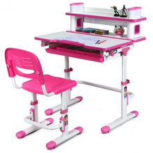 Load image into Gallery viewer, Adjustable Kids Desk and Chair Set with Bookshelf and Tilted Desktop-Pink
