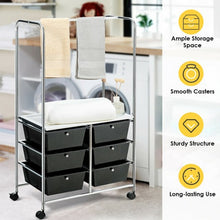 Load image into Gallery viewer, 6 Drawer Rolling Storage Cart with Hanging Bar -Black
