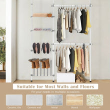 Load image into Gallery viewer, 2 Tier Telescopic Clothes Hangers with Shoe Rack &amp; Shelf
