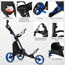 Load image into Gallery viewer, Folding 3 Wheels Golf Push Cart with Bag Scoreboard Adjustable Handle -Blue
