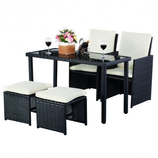 5 pcs Outdoor Patio Cushioned Rattan Dining Table Chair Set
