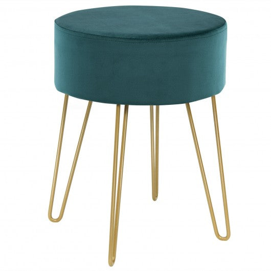 Round Velvet Ottoman Footrest Stool Side Table Dressing Chair w/Metal Legs-Green