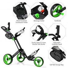 Load image into Gallery viewer, Folding 3 Wheels Golf Push Cart with Brake Scoreboard Adjustable Handle-Green
