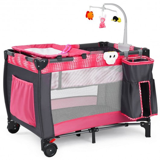 Foldable Travel Baby Crib Playpen Infant Bassinet Bed w/ Carry Bag-Pink