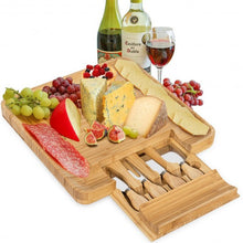 Load image into Gallery viewer, Bamboo Cheese Board &amp; Knife Set  w/ Slide-out Drawer
