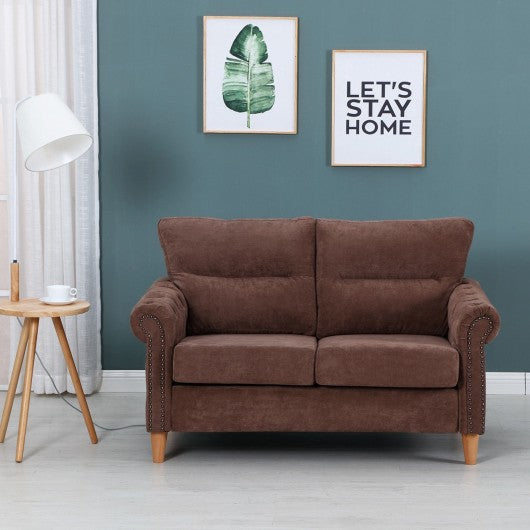 Modern Upholstered 2-Seater Nailhead Linen Fabric Sofa-Brown
