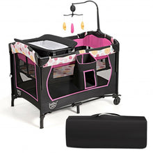 Load image into Gallery viewer, 3-in-1 Convertible Portable Baby Playard with Music Box  Wheel and Brakes-Pink
